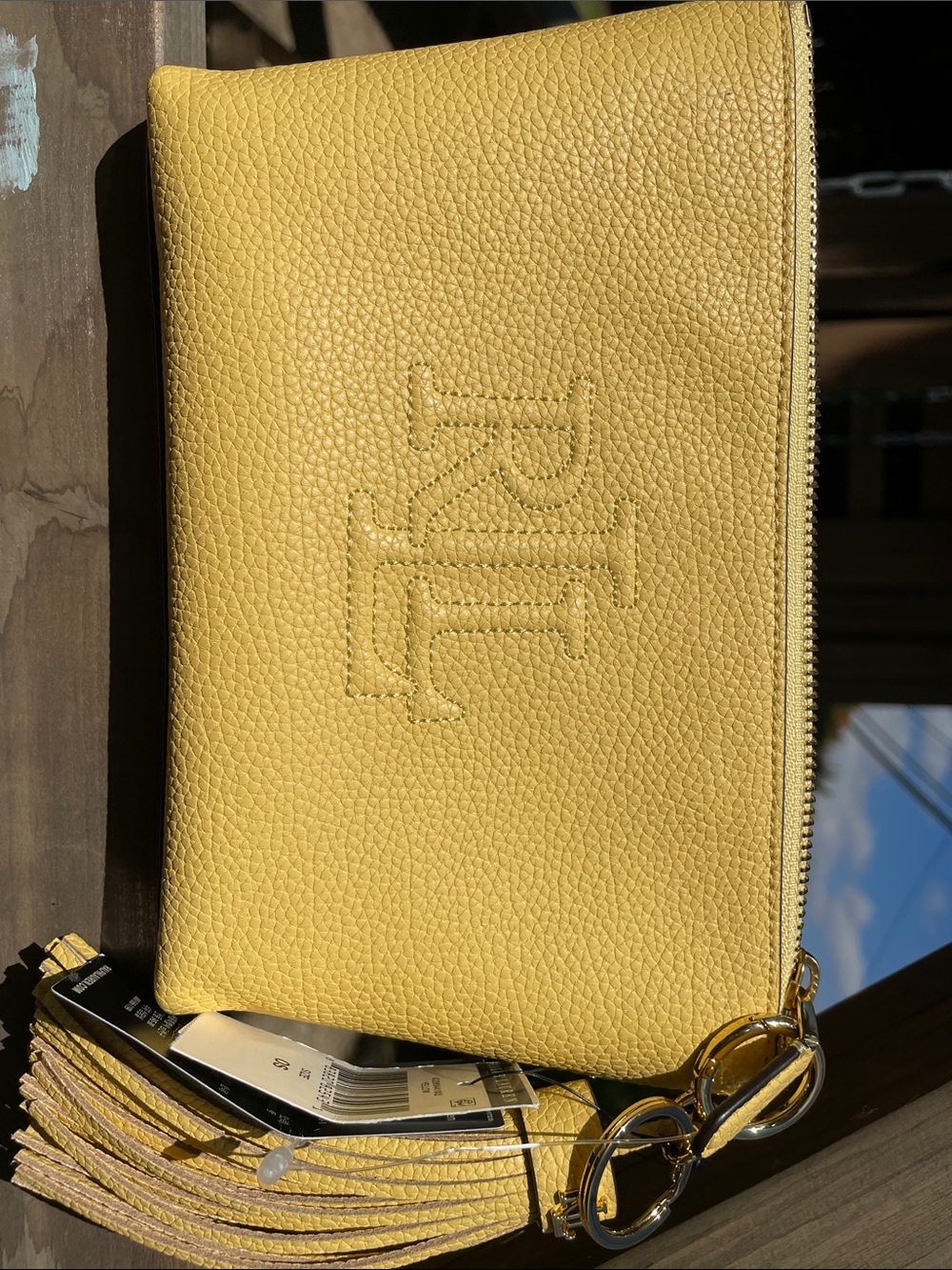 Ralph Lauren Yellow Pebbled Leather Wristlet Clutch with Tassel - Picture 2 of 13